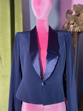 Jones New York Navy Satin Lapel Single-Button Blazer